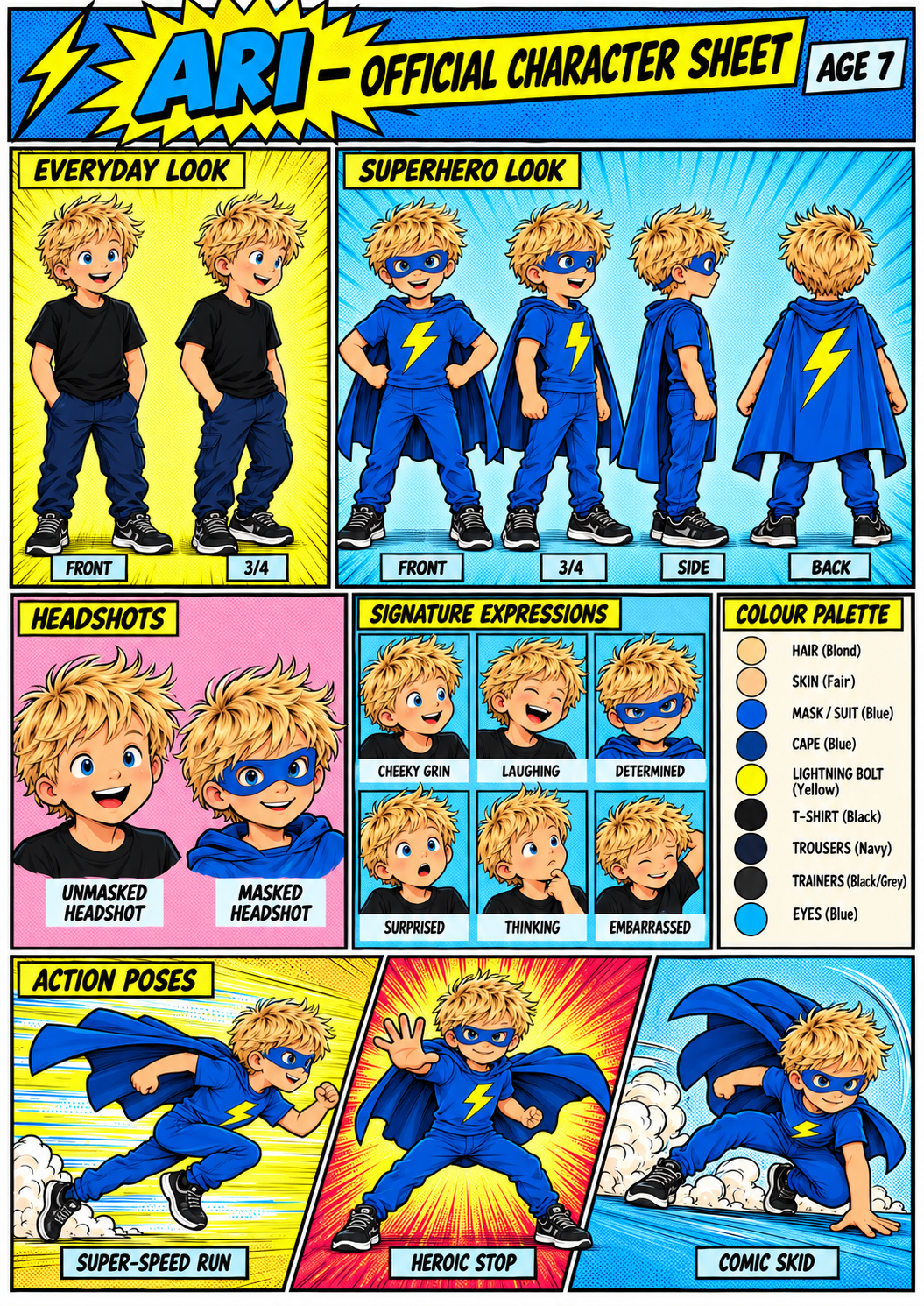 Ari’s official character sheet, including everyday and superhero looks, expressions and action poses
