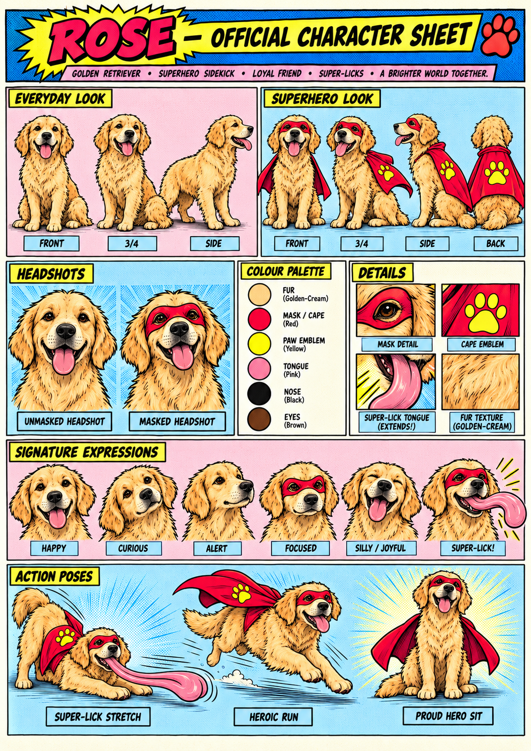 Rose’s official character sheet, including everyday and superhero looks, expressions and action poses